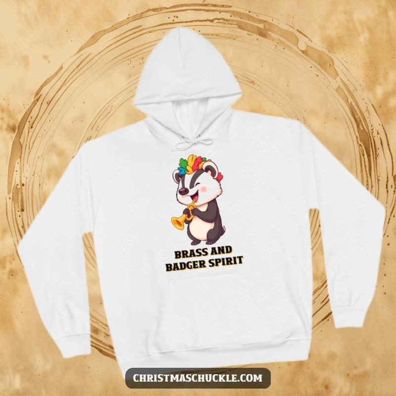 Funny badger wearing a colorful clown wig and playing a small trumpet, depicted on a warm and funny hoodie.