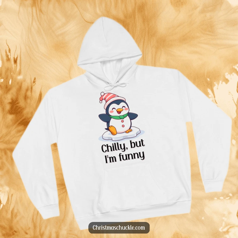 Funny hoodie depicting a smiling penguin dressed as a clown, comically slipping on an icy patch, offering cozy humor.