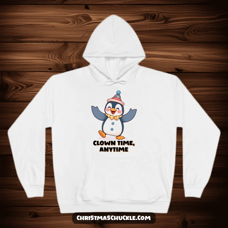 Funny penguin hoodie, a penguin dressed as a clown, doing a silly dance with flapping arms, cozy humor.