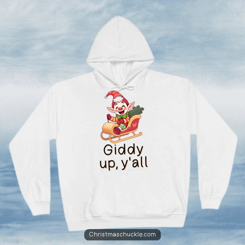 Funny elf clown hoodie, cozy and giddy, riding a miniature sleigh, perfect for holiday comfort, a humorous warm gift.