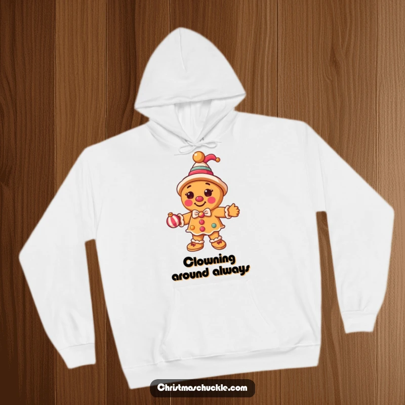 Funny gingerbread man dressed as a clown, juggling ornaments on a cozy hoodie, perfect for holiday warmth and humor.