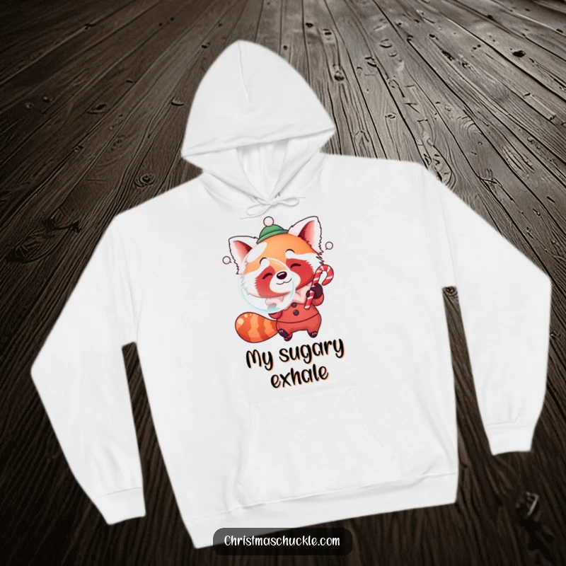 Funny hoodie featuring a red panda in clown attire, humorously blowing a giant bubble with a candy cane, designed for warmth and fun.