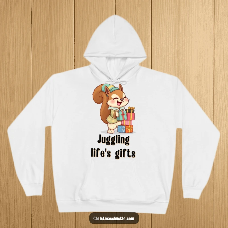 Funny squirrel clown hoodie showing a giggling squirrel in a clown suit, balancing presents, perfect for warmth and cheer.