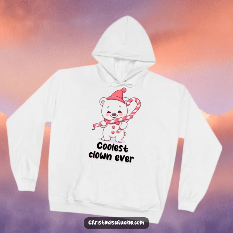 Funny polar bear clown hoodie, cozy and cheerful, balancing a candy cane with a comical look, a humorous warm gift.