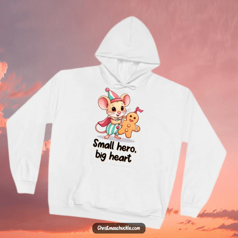 Funny hoodie showing a brave mouse clown heroically rescuing a gingerbread man, perfect for cozy, humorous wear.