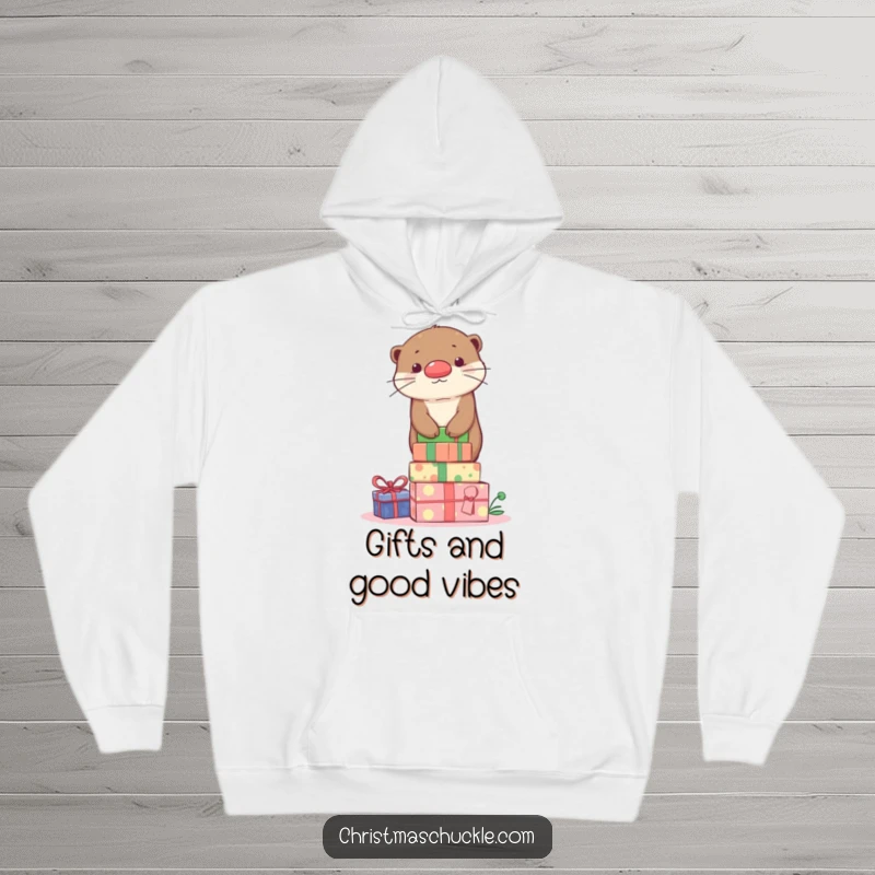 Funny otter with a clown nose balancing on stacked gifts, depicted on a warm and cozy funny hoodie.