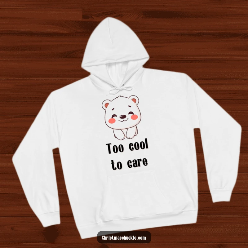 Funny hoodie with a cheerful polar bear character, sporting red cheeks and a broad, happy grin.