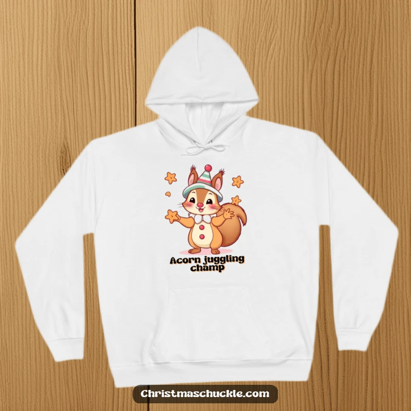 Funny squirrel dressed as a clown juggling small cookies, depicted on a warm and funny hoodie.
