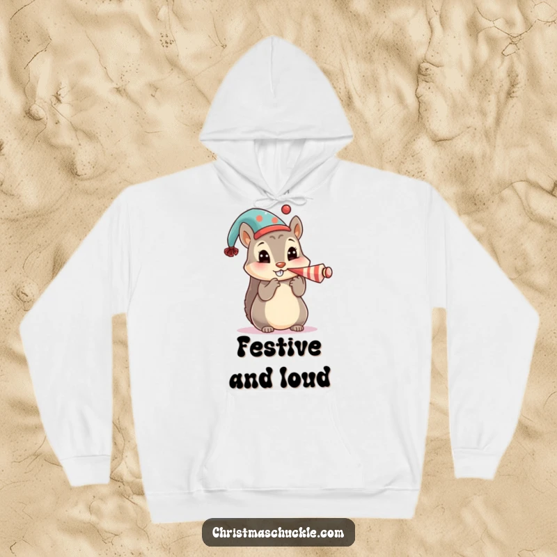 Funny hoodie showcasing a cute squirrel character wearing a festive hat and honking a tiny clown horn with enthusiasm.
