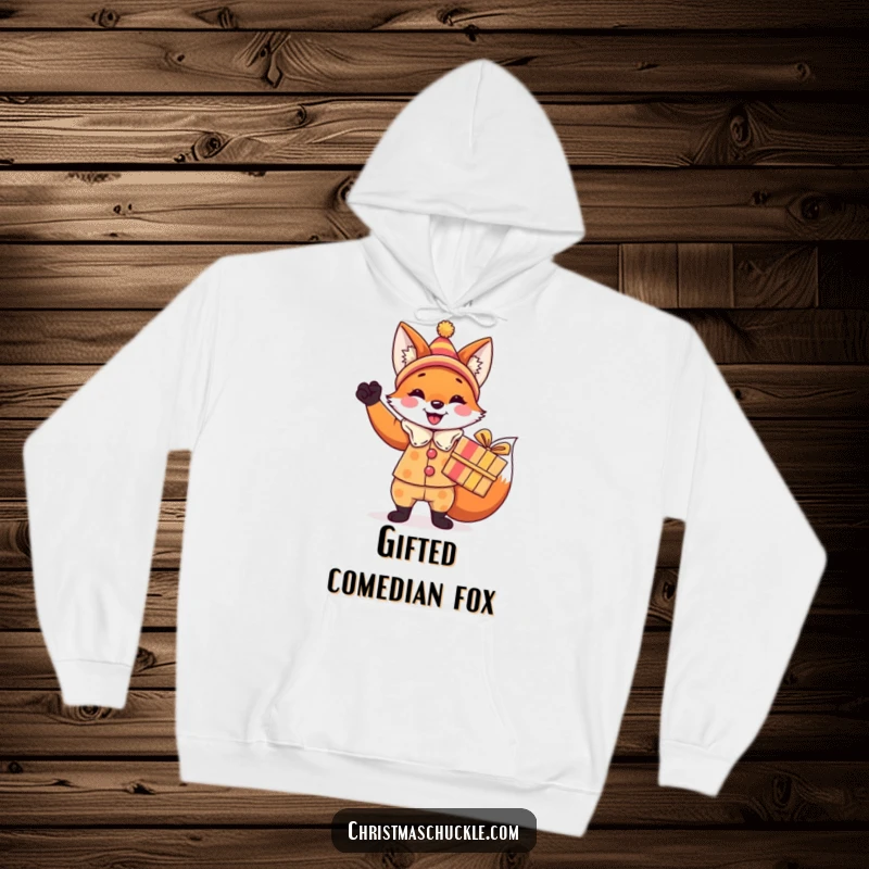Funny fox hoodie, a festive fox in a clown costume triumphantly holding a brightly wrapped gift, cozy celebration wear.