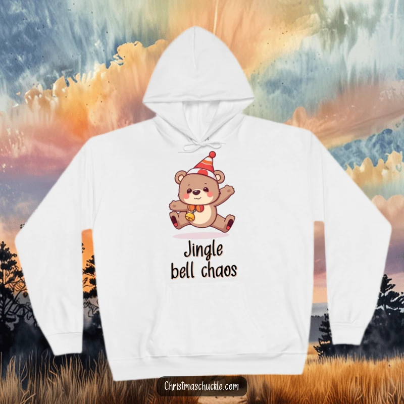 Funny bear hoodie showing a festive bear with a clown hat and bells, hilariously tripping, perfect for cozy days.