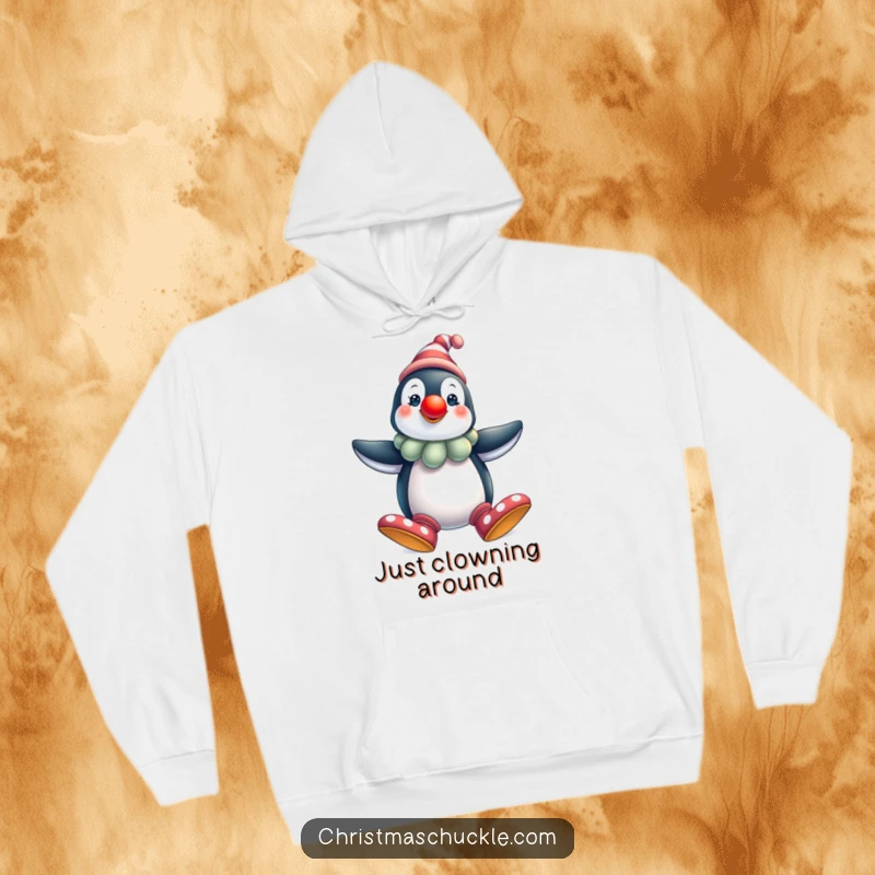 Funny penguin clown hoodie, cozy and festive, featuring a charming character with a red nose and big shoes, a humorous warm gift.