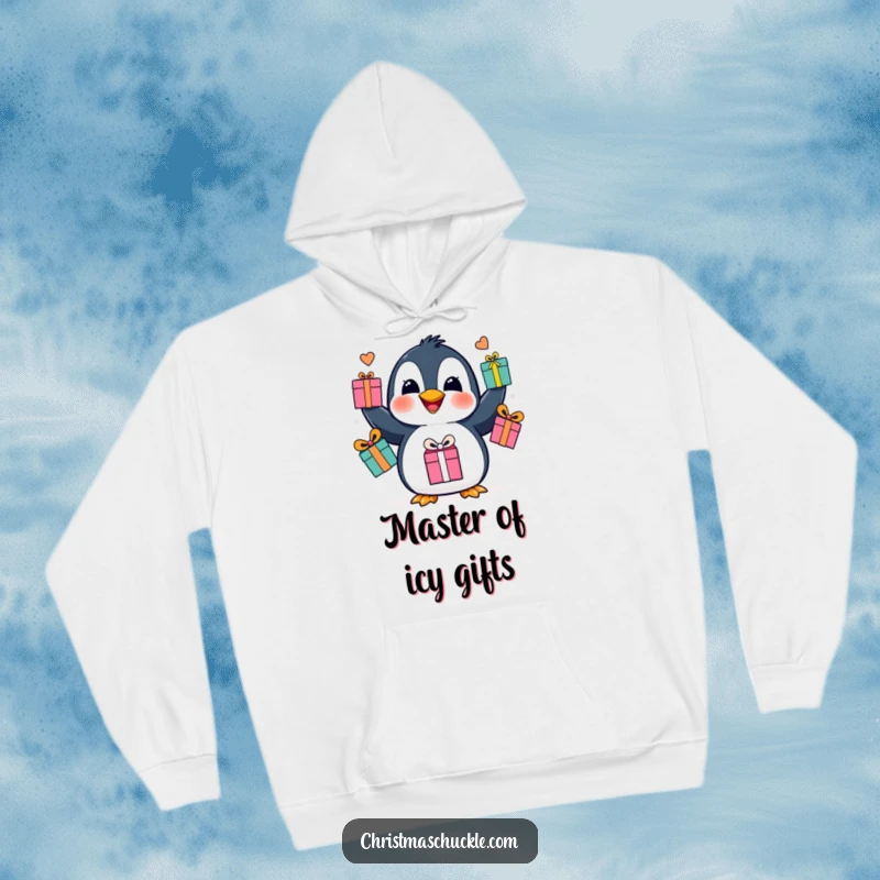 Funny penguin juggling hoodie, a joyful bird performing a gift-tossing act with its flippers, offering cozy comfort and amusement.
