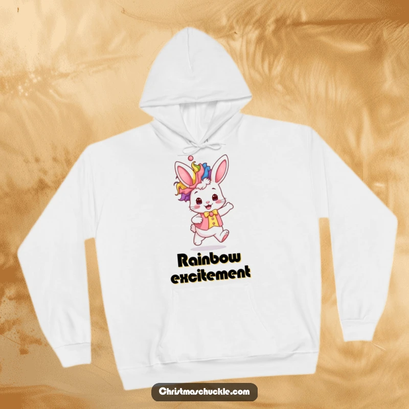 Funny kawaii bunny in a rainbow clown wig and waistcoat hops excitedly, a soft and humorous hoodie.