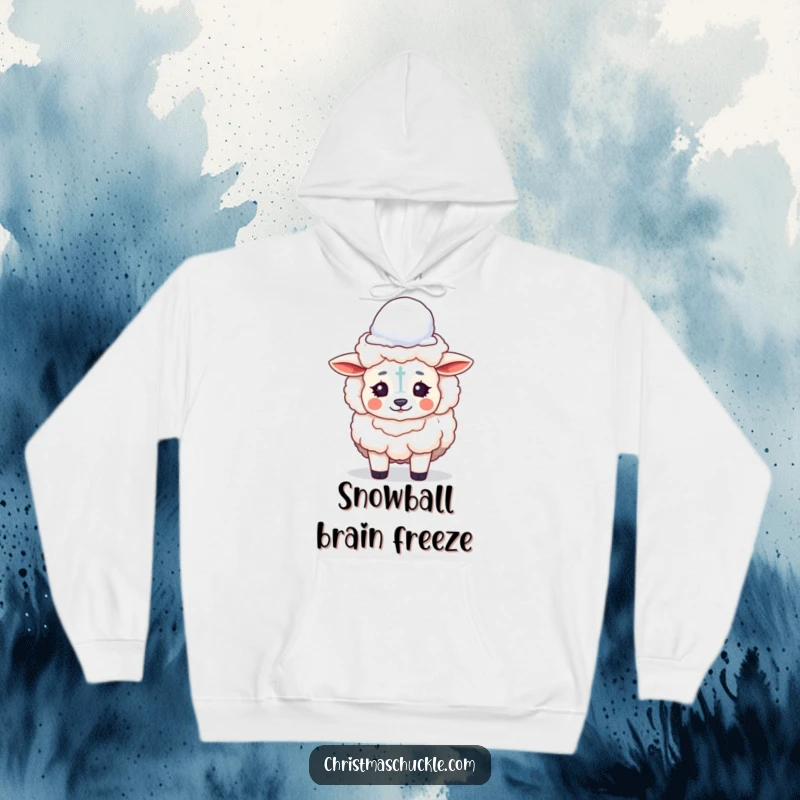 Funny hoodie showcasing a fluffy sheep painted like a clown, balancing a snowball on its head, designed for warmth and humor.
