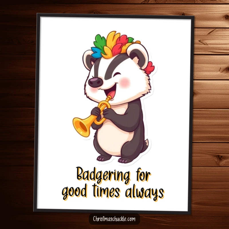 Funny free printable wall art: A happy badger sporting a colorful clown wig plays a tiny, cheerful trumpet with gusto.