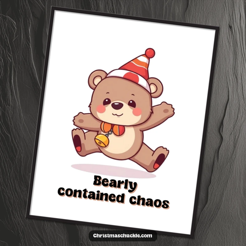 Funny free printable wall art of a bear in a clown hat and bells tripping, bringing humor to any room.