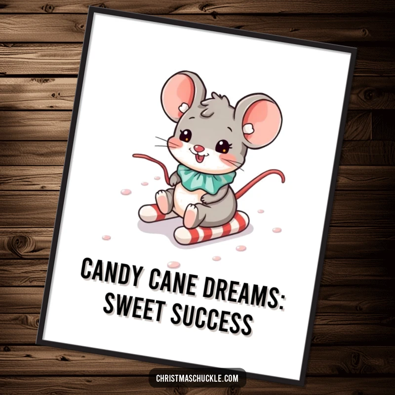 Funny Free Printable Wall Art: A mouse clown in a collar slides down a vibrant candy cane hill with glee.