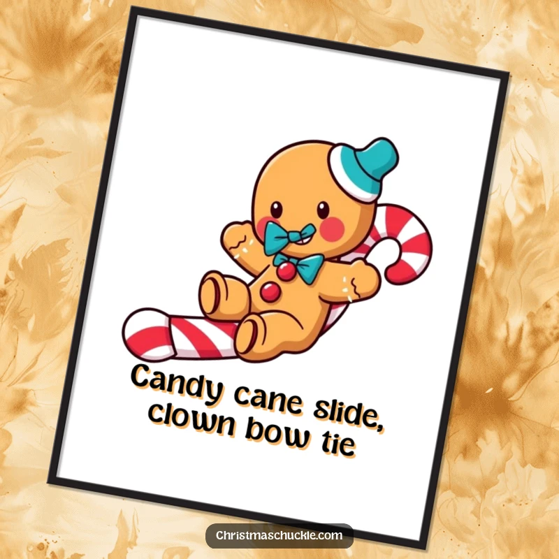 Funny Free Printable Wall Art: A jolly gingerbread man dressed as a clown, sliding down a candy cane.
