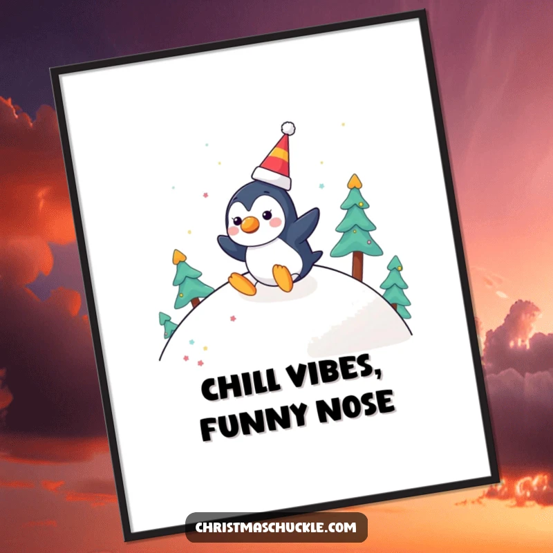 Funny Free Printable Wall Art: A happy penguin with a clown nose slides down a hill.