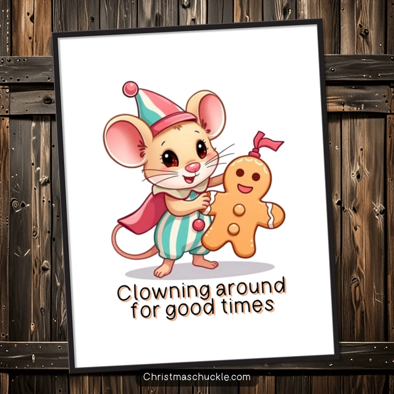 Funny Free Printable Mouse Clown Wall Art: Tiny hero in costume dramatically saving a gingerbread man, humorous decor.