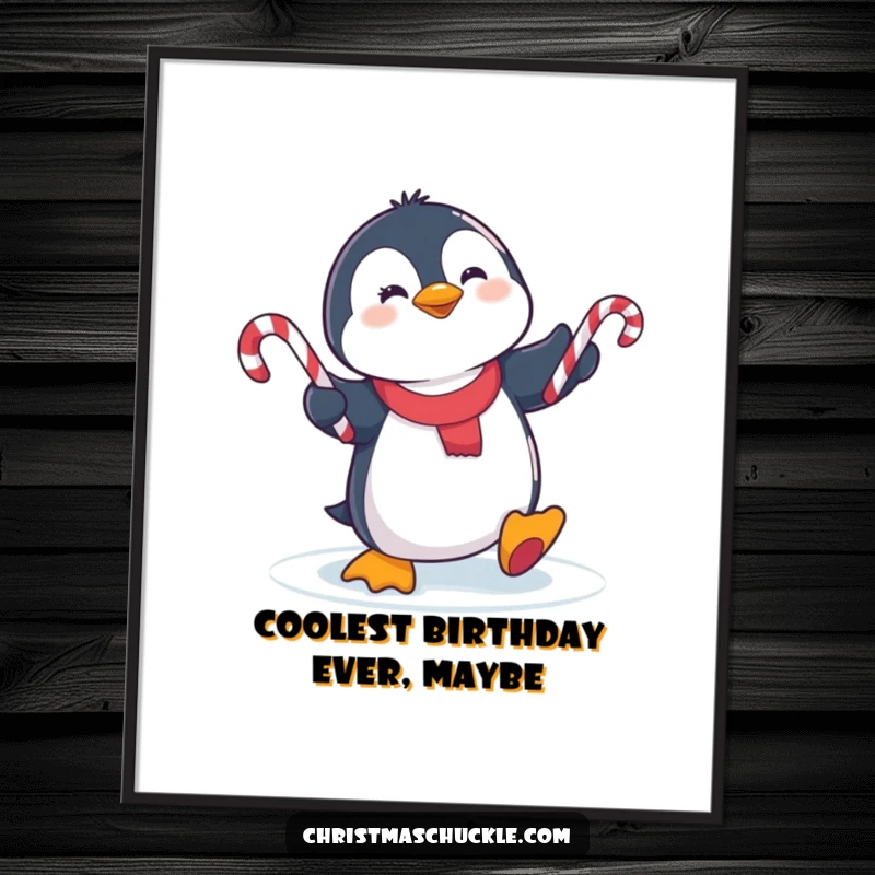 Funny Free Printable Wall Art: A cute penguin slips on icy ground while juggling candy canes with glee.