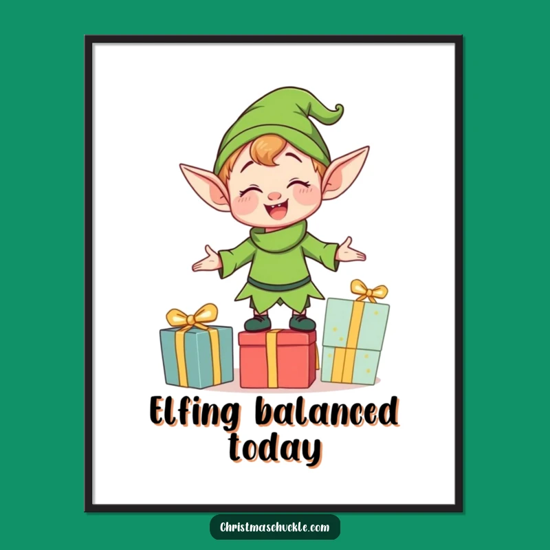 Funny Free Printable Wall Art: Clumsy Elf Gift Balancing Decor Downloadable Art