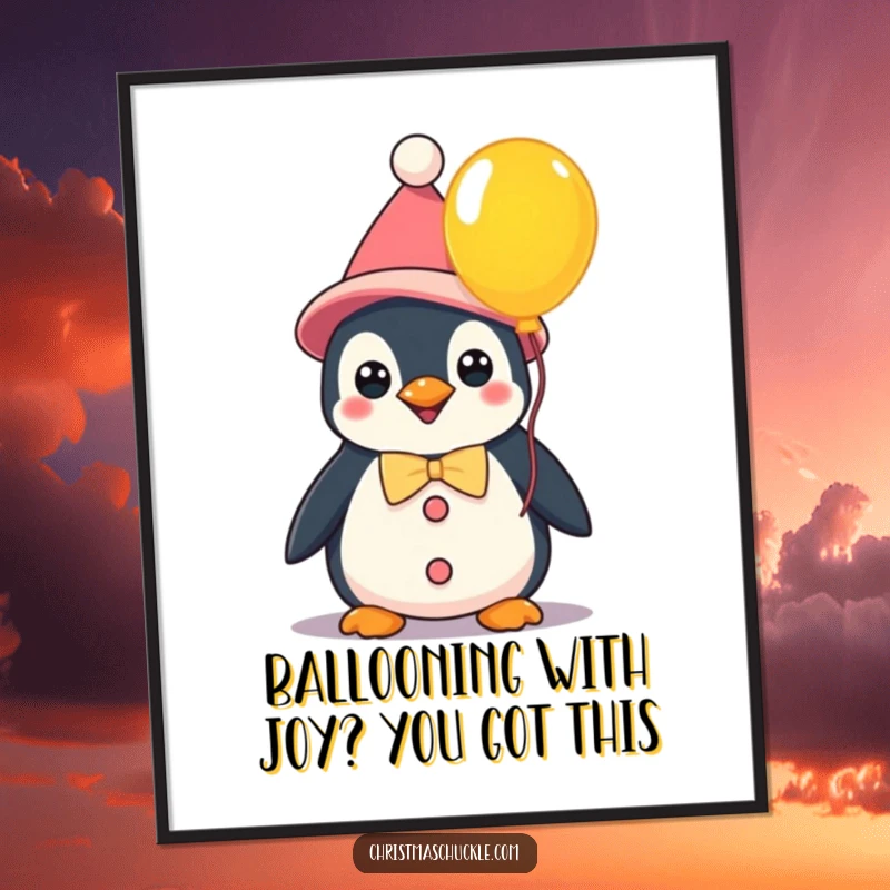 Funny Free Printable Wall Art: A kawaii penguin dressed as a clown holds a bright balloon, adding whimsical fun. Fun downloadable gift.