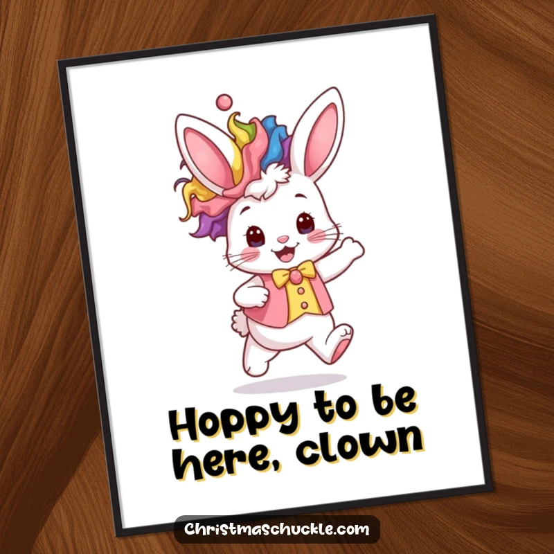 Funny Free Printable wall art of an excited kawaii bunny wearing a rainbow clown wig and a tiny waistcoat.