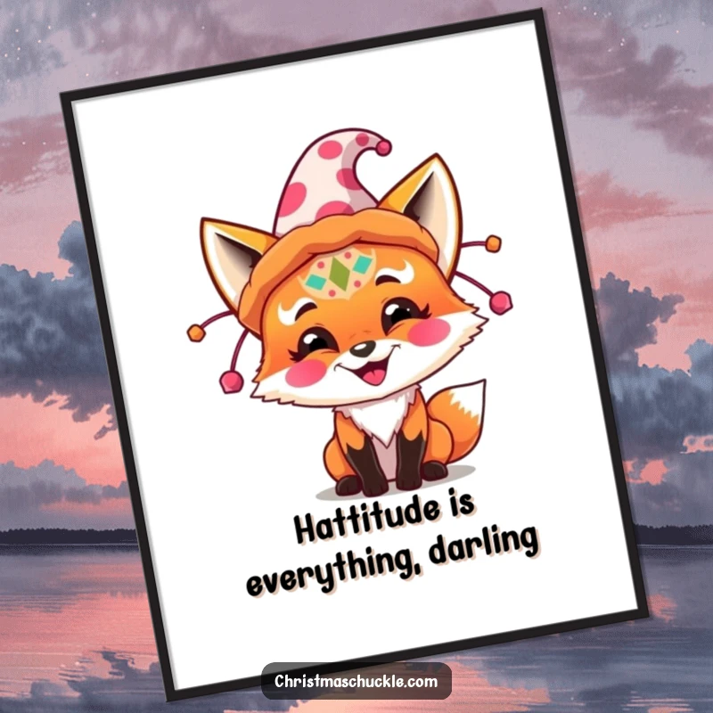 Funny free printable wall art: A joyful fox wearing clown face paint tries on a comically large festive hat.