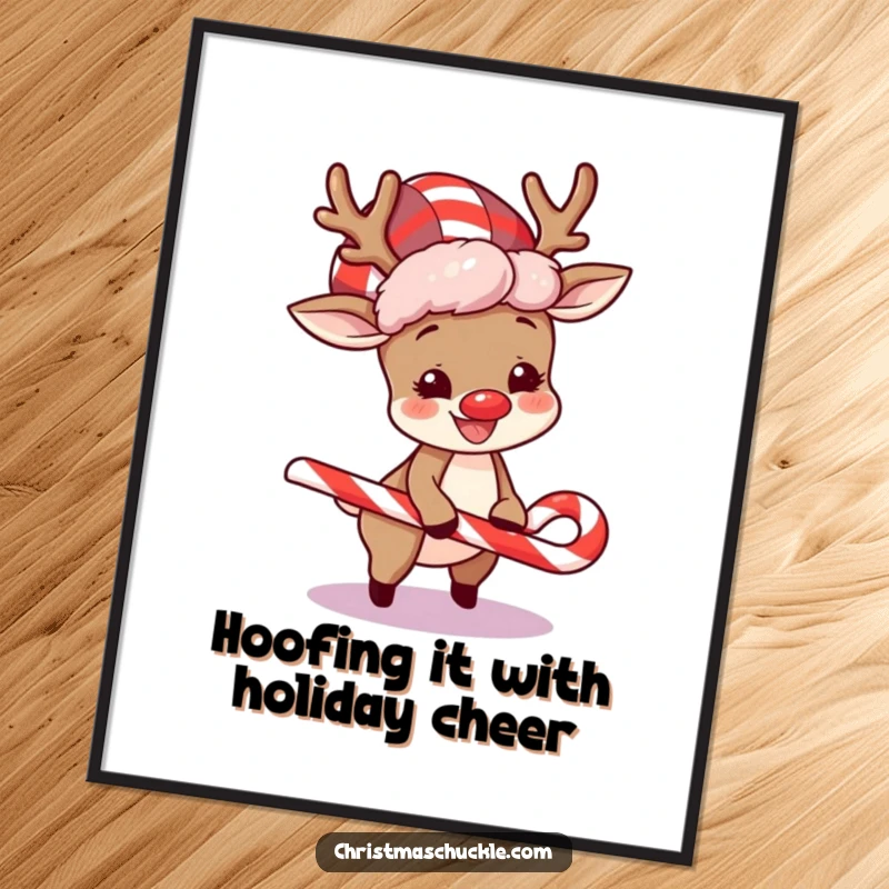 Free printable wall art: a happy reindeer character wearing a bright clown wig, comically tripping over a candy cane.