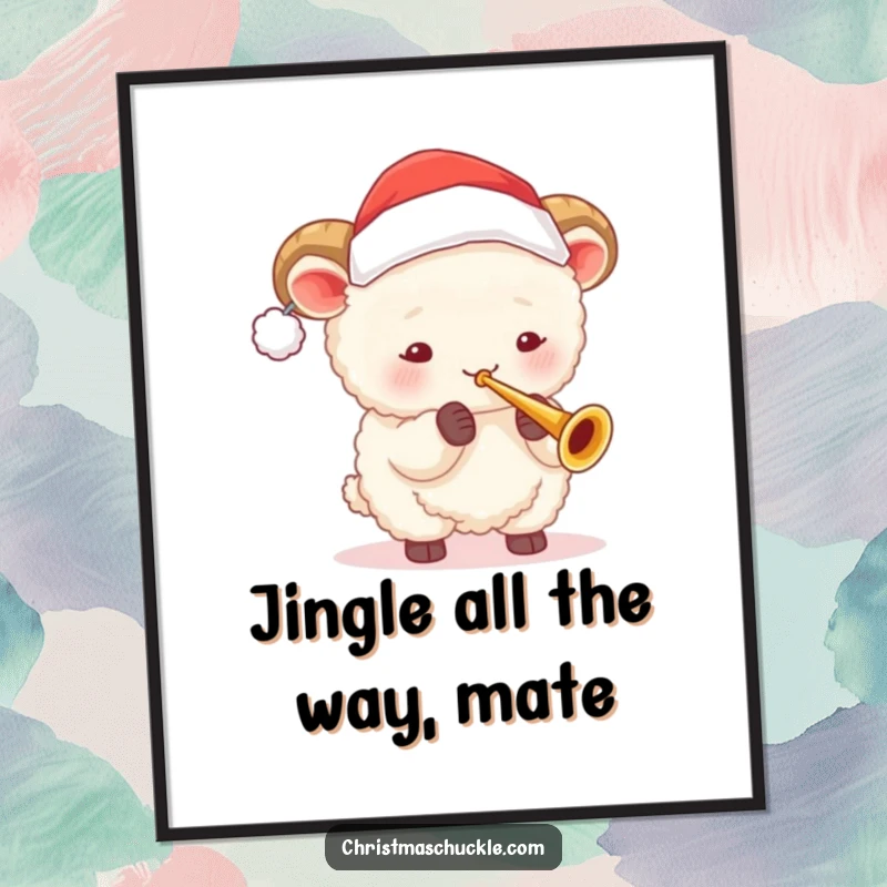 Funny Free Printable Wall Art: A fluffy sheep in a Santa hat energetically plays a tiny trumpet.