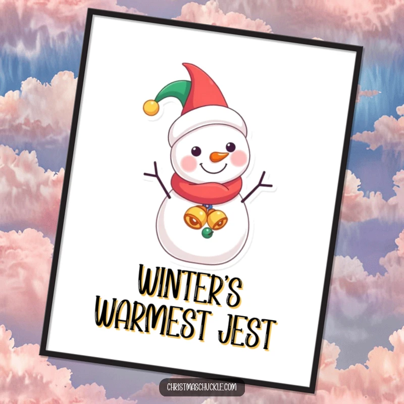 Funny Free Printable Wall Art: A jolly snowman in a jester hat, looking mischievous and ready to entertain.