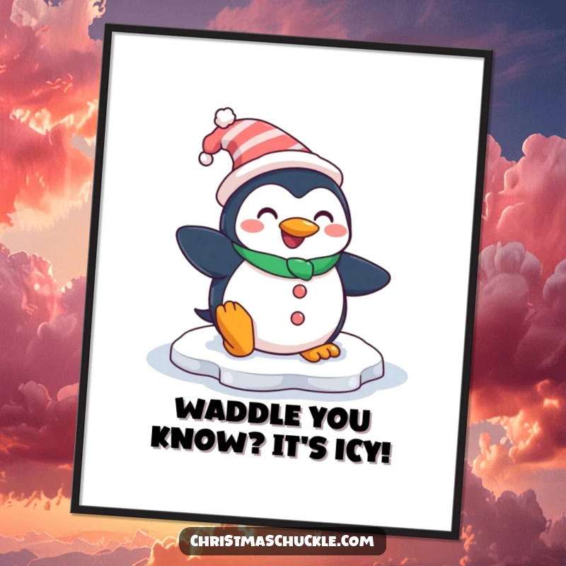 Funny Free Printable Wall Art: A smiling penguin dressed as a clown slips comically on an icy surface.