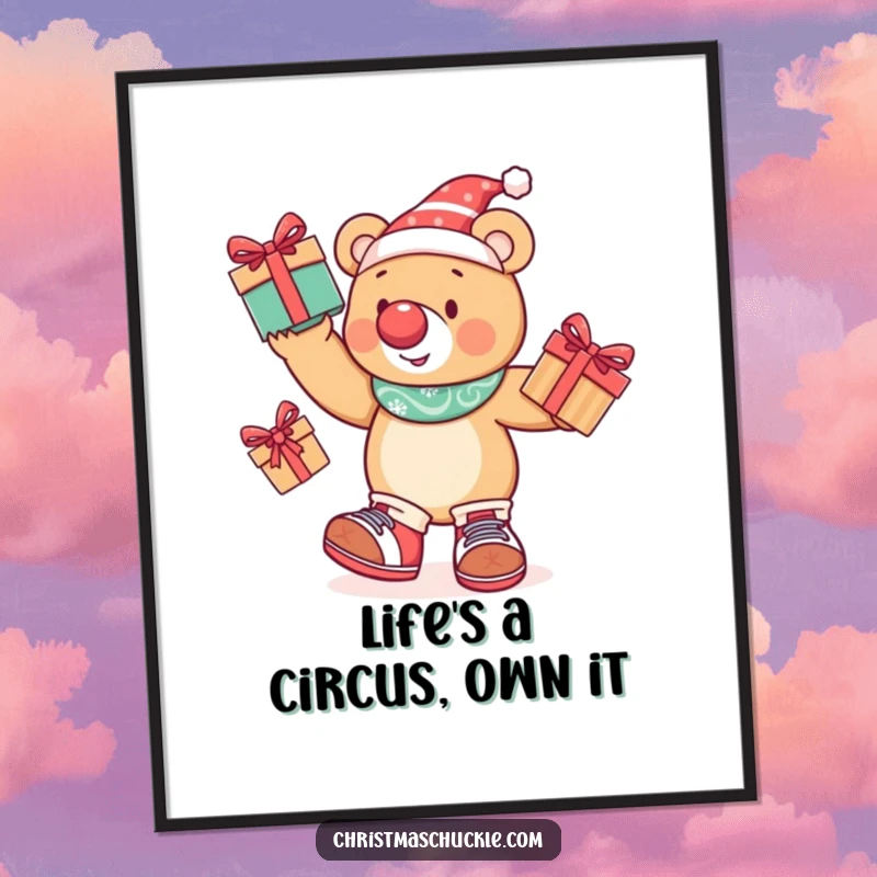 Funny Free Printable Bear Wall Art: A festive bear wearing clown gear attempts to juggle three presents with comical flair.