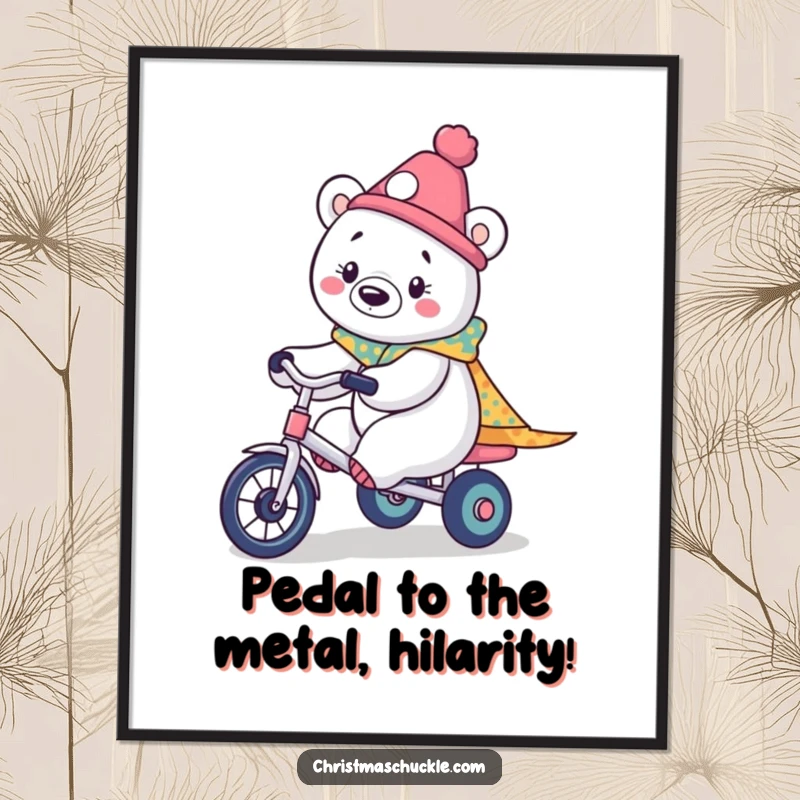 Funny free printable wall art: a kawaii polar bear clown happily riding a tiny tricycle.
