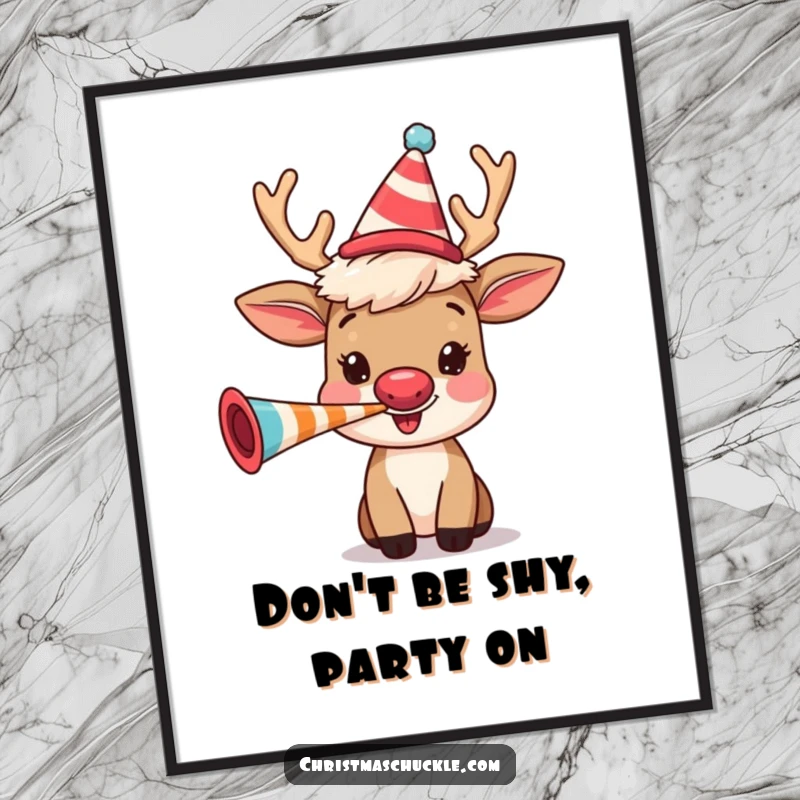 Funny Free Printable Reindeer Wall Art: A happy reindeer wearing a clown wig blows a party horn with festive energy.