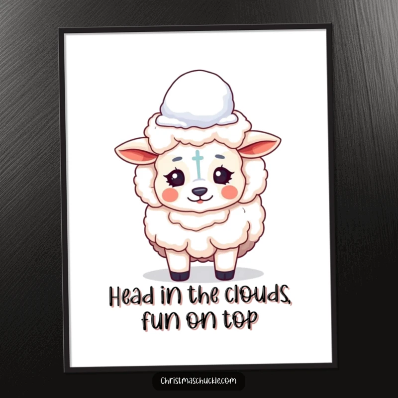 Funny free printable wall art: a fluffy sheep with clown makeup balances a snowball precariously.