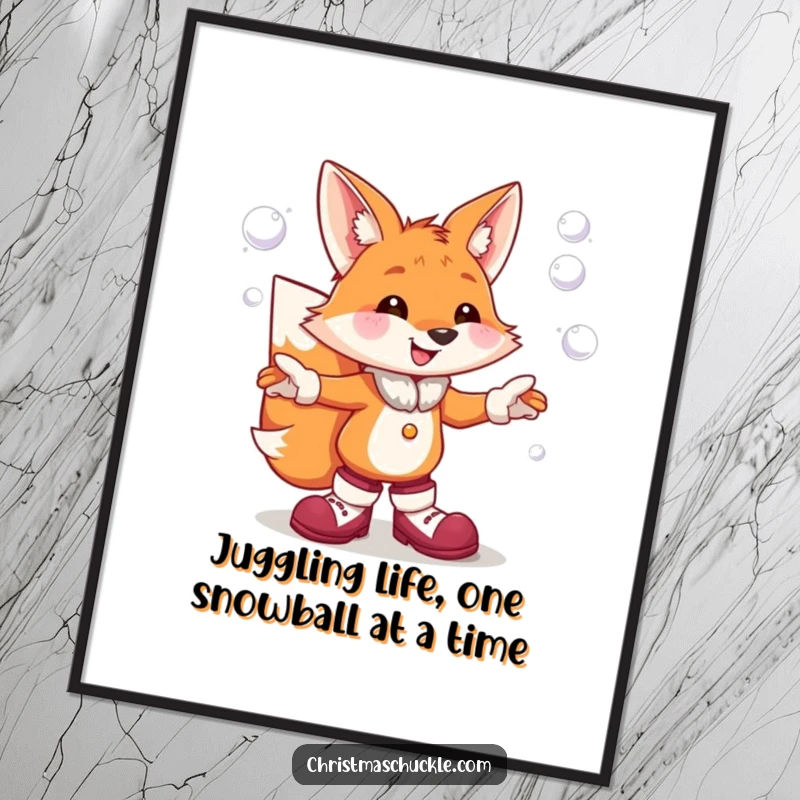 Funny Free Printable wall art featuring a cheerful fox in clown shoes juggling snowballs with a comical expression.