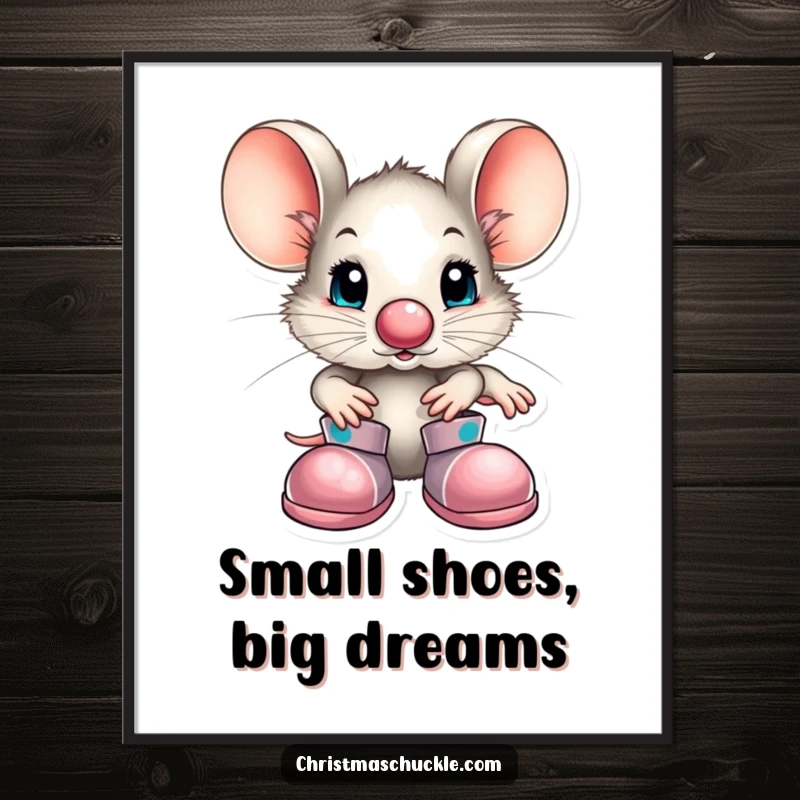 Funny Free Printable Wall Art: A tiny mouse character with a bright clown nose and comically large shoes, looking cheerful.