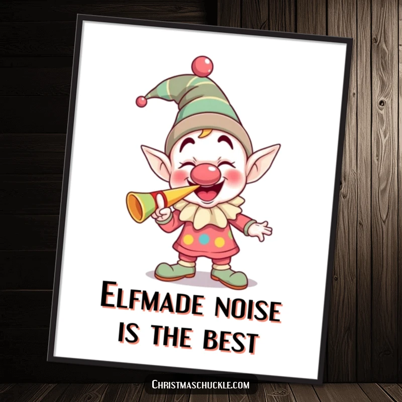 Funny Free Printable Wall Art: A giggling elf clown with a squeaky nose, enthusiastically tooting a party horn.