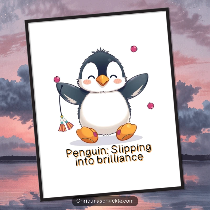 Funny Free Printable Wall Art: A fluffy penguin wearing a clown nose and oversized shoes juggles several colorful scarves.