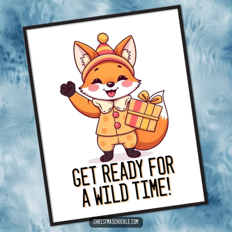 Funny Free Printable Wall Art: A fox in a vibrant clown costume proudly holds a large, wrapped gift box, exuding playful celebration.