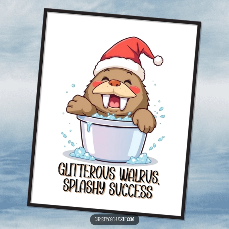 Funny Free Printable Wall Art: A happy walrus clown in a Santa hat playfully splashes around in a bucket of glitter.