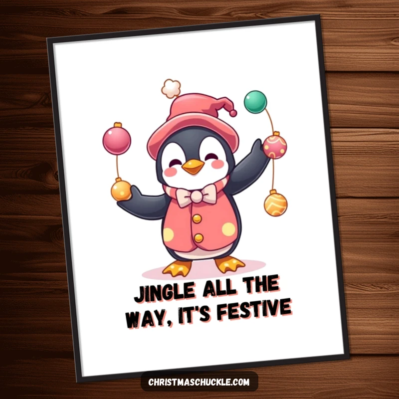 Funny free printable wall art of a cute penguin dressed as a clown, juggling festive baubles, adding a touch of whimsy.