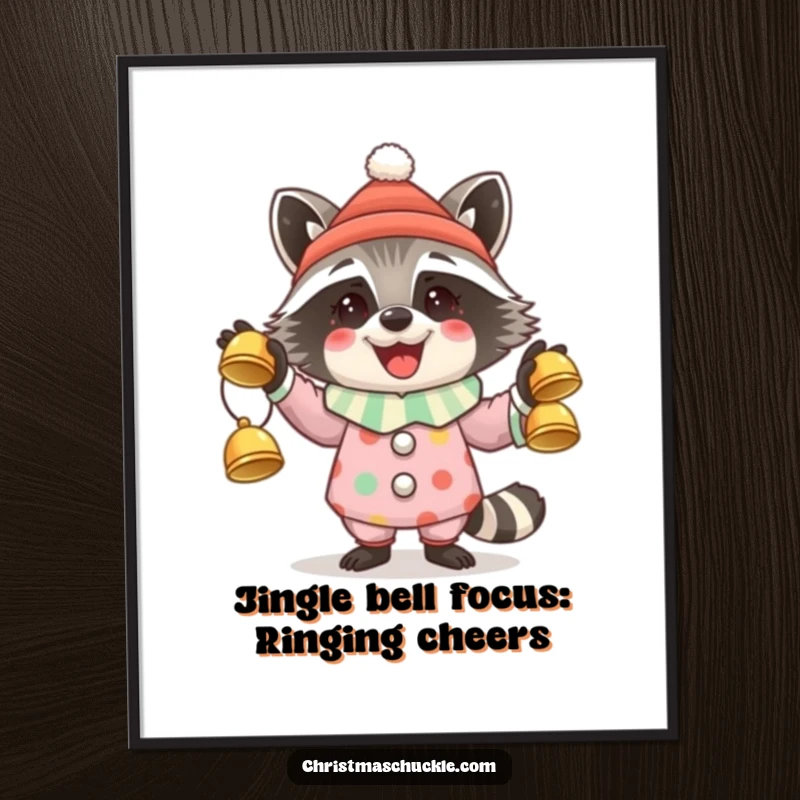 Funny Free Printable Wall Art: A happy raccoon dressed as a clown skillfully juggles three shiny jingle bells.
