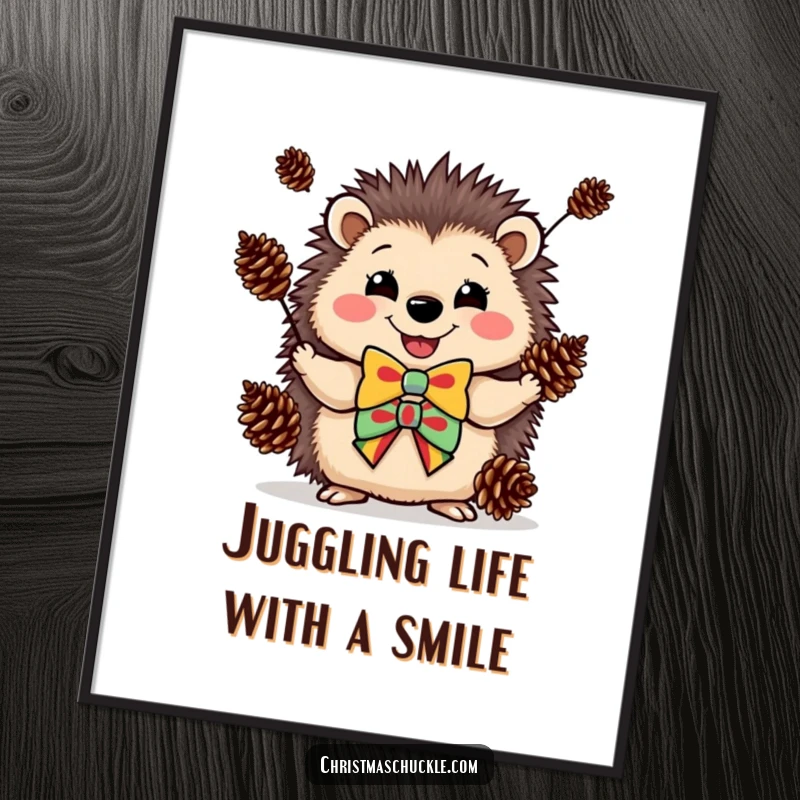Funny Free Printable Hedgehog Clown Wall Art: Happy hedgehog in a colorful bowtie juggles pinecones, whimsical decor.