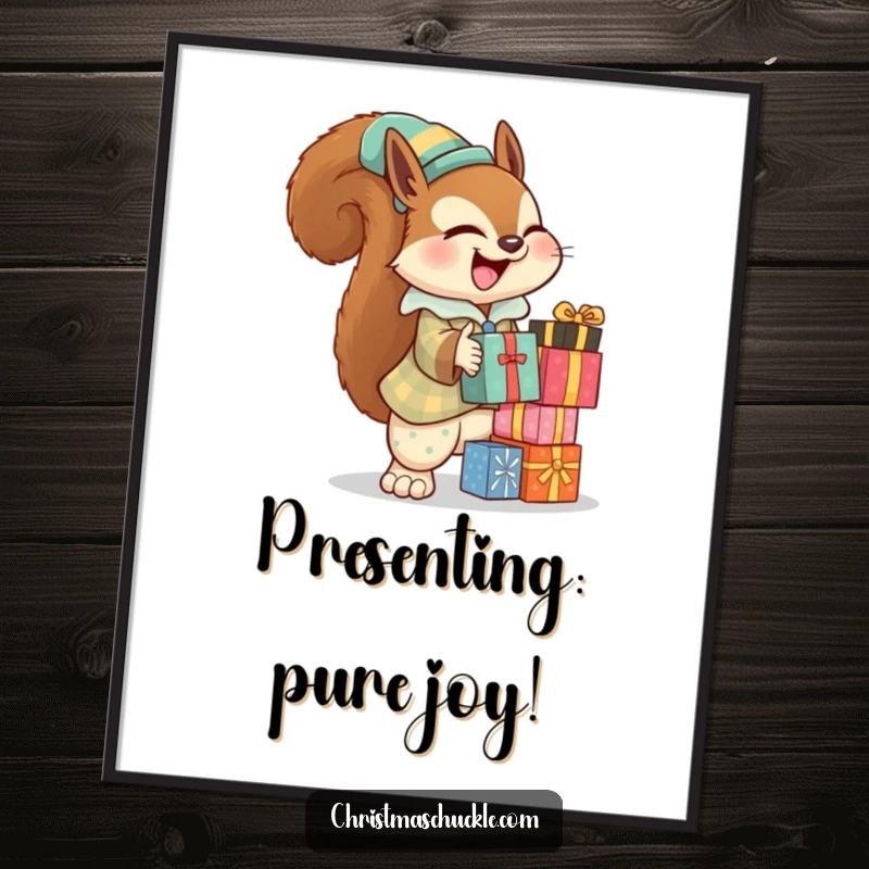 Funny free printable wall art of a giggling squirrel in a clown suit balancing presents, adding a playful touch.