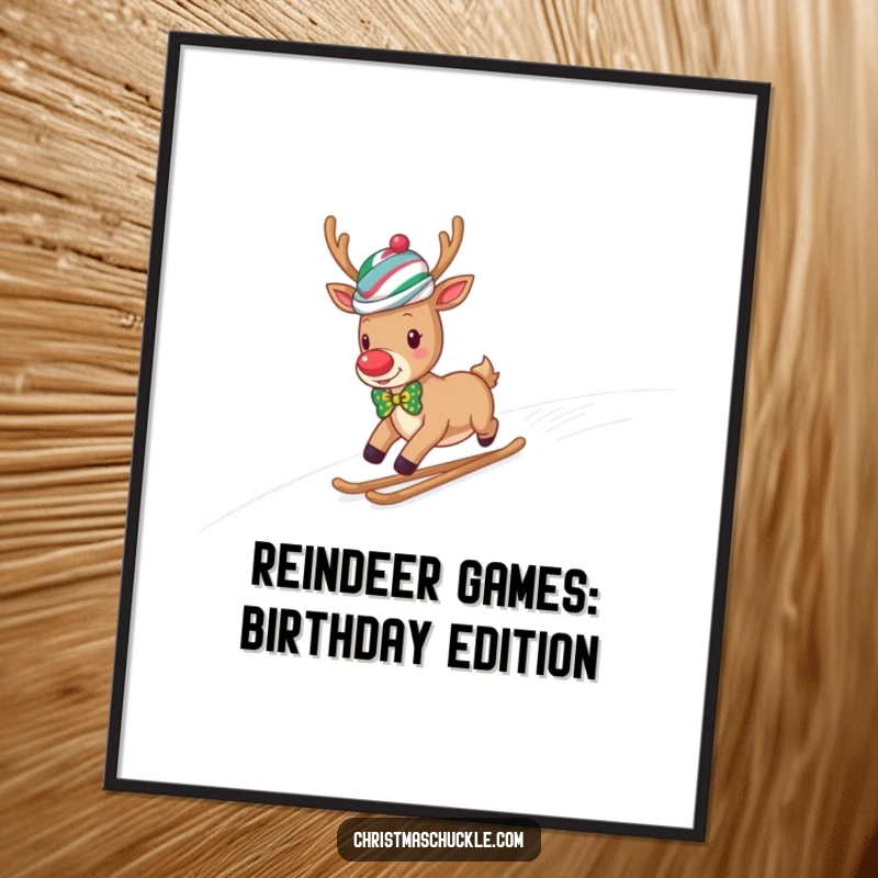 Funny Free Printable wall art depicting a cheerful reindeer sporting a clown wig and bow tie while sliding downhill.