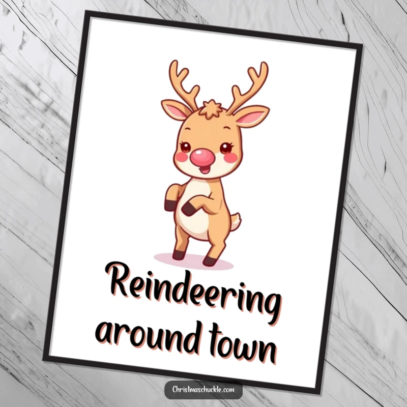 Funny Free Printable Wall Art: A kawaii reindeer with a small clown nose joyfully executes a cartwheel, adding fun.